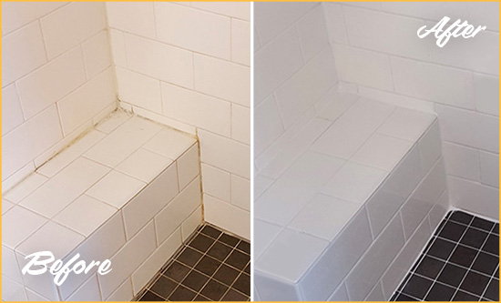 Before and After Picture of a Seville Shower Seat Caulked to Protect Against Mold and Mildew Growth
