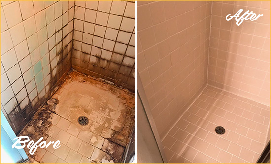 Before and After Picture of a Seville Shower Caulked to Fix and Prevent Water Damage