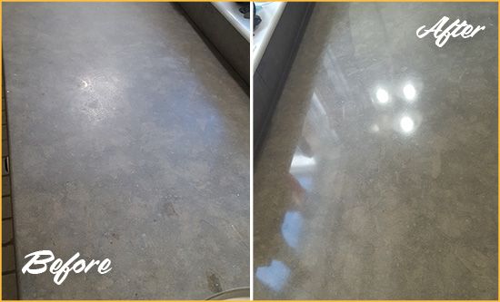Before and After Picture of a Dull Enterprise Limestone Countertop Polished to Recover Its Color
