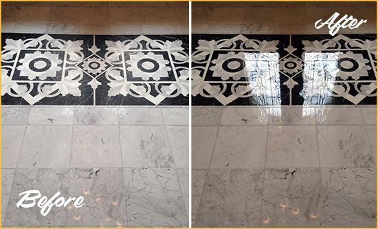 Before and After Picture of a Enterprise Marble Stone Floor Polished to a Mirror Shine