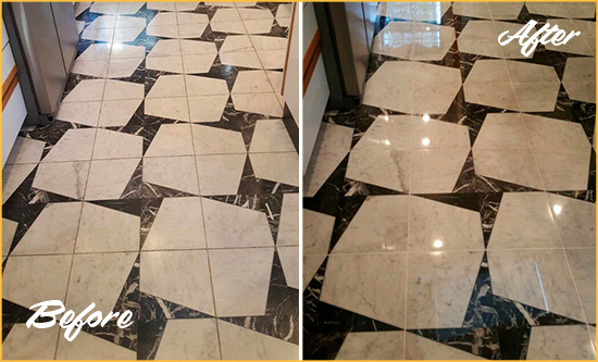 Before and After Picture of a Dull Enterprise Marble Stone Floor Polished To Recover Its Luster