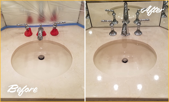 Before and After Picture of a Dull Enterprise Marble Stone Vanity Top Polished to Bring-Back Its Sheen