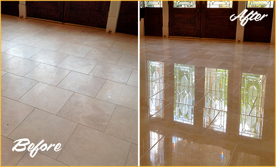 Before and After Picture of a Dull Enterprise Travertine Stone Floor Polished to Recover Its Gloss