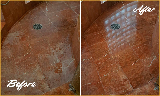 Before and After Picture of a Enterprise Marble Stone Shower Polished to Eliminate Mineral Deposits