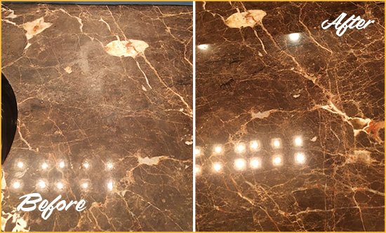 Before and After Picture of a Enterprise Marble Stone Countertop Polished to Eliminate Stains