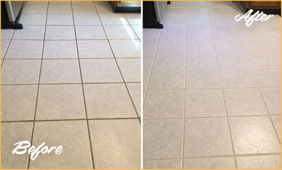 Before and After Picture of a South Daytona Kitchen Ceramic Floor Sealed to Protect From Dirt and Spills