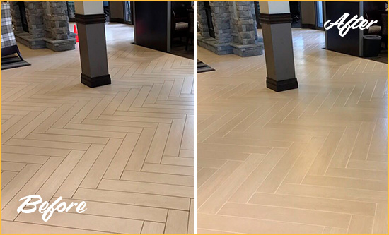 Before and After Picture of a Dirty South Daytona Ceramic Office Lobby Sealed For Extra Protection Against Heavy Foot Traffic