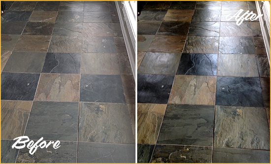 Before and After Picture of a Dull South Daytona Slate Floor Sealed to Bring Back Its Colors