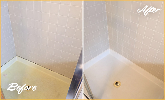 Before and After Picture of a South Daytona Shower Sealed to Remove and Protect Against Mold