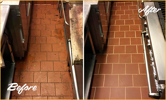 Before and After Picture of a South Daytona Restaurant Kitchen Floor Sealed to Remove Soil