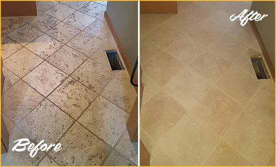 Before and After Picture of a Lake Helen Kitchen Marble Floor Cleaned to Remove Embedded Dirt