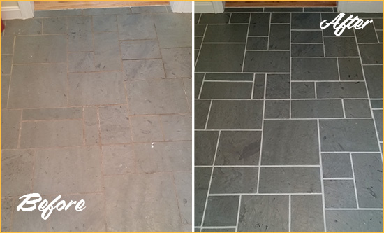 Before and After Picture of a Lake Helen Slate Floor Cleaned to Remove Deep-Seated Dirt