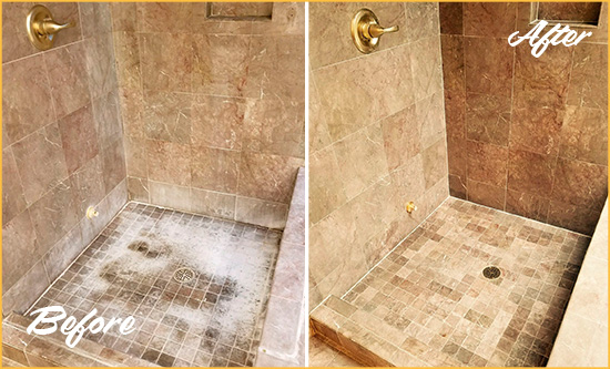 Before and After Picture of a Lake Helen Travertine Shower Cleaned to Eliminate Water Spots
