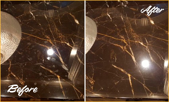 Before and After Picture of a Lake Helen Marble Countertop Cleaned to Remove Water Spots