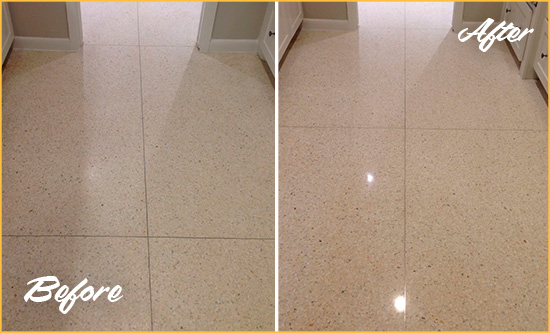 Sir Grout Seals this Cassadaga Granite Floor for Stone Protection Before and After Picture of a Cassadaga Granite Floor Sealed for Stone Protection
