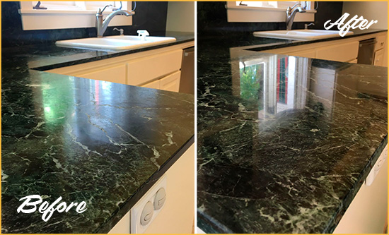 Sir Grout Seals the Stone of this Cassadaga Granite Kitchen Countertop For Extra Protection Before and After Picture of a Cassadaga Granite Kitchen Countertop Stone Sealed For Extra Protection