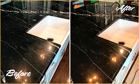 Before and After Picture of a Ormond-by-the-Sea Marble Kitchen Countertop Stone Sealed to Avoid Water Damage