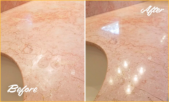 Sir Grout Seals this Cassadaga Marble Stone Vanity Top to to Avoid Water Marks Before and After Picture of a Cassadaga Marble Stone Vanity Top Sealed to Avoid Water Marks