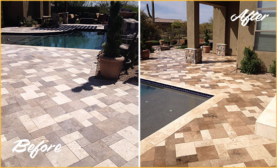 Sir Grout Seals the Stone of this Cassadaga Travertine Patio Stone for Extra Protection Before and After Picture of a Cassadaga Travertine Patio Sealed Stone for Extra Protection