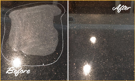Before and After Picture of a Holly Hill Granite Kitchen Countertop Honed to Eliminate Scratch