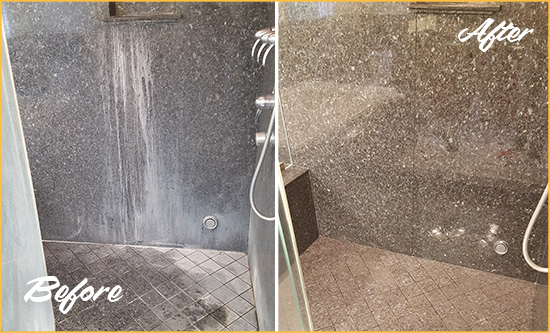Before and After Picture of a Holly Hill Granite Shower Honed to Remove Soap Scum