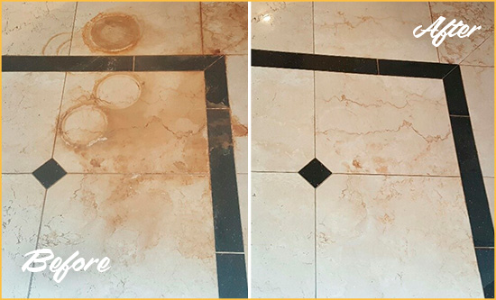 Before and After Picture of a Holly Hill Marble Floor Honed to Remove Rust Stains