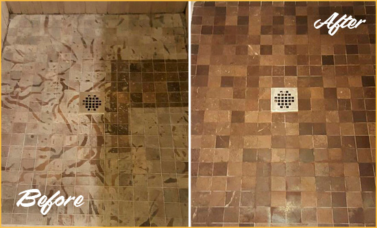 Before and After Picture of a Holly Hill Marble Shower Honed to Remove Etching