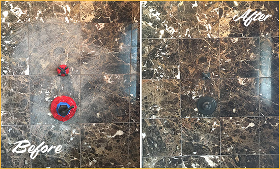 Before and After Picture of a Holly Hill Marble Shower Honed to Remove Scratches