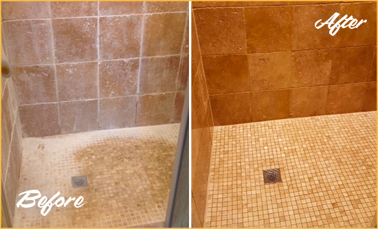 Before and After Picture of a Holly Hill Travertine Shower Honed to Remove Mineral Deposits