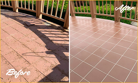 Before and After Picture of a Debary Hard Surface Restoration Service on a Tiled Deck