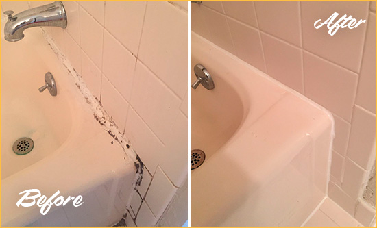 Before and After Picture of a Debary Hard Surface Restoration Service on a Tile Shower to Repair Damaged Caulking