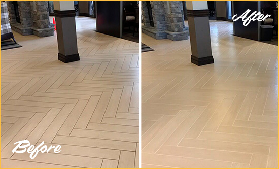 Before and After Picture of a Debary Hard Surface Restoration Service on an Office Lobby Tile Floor to Remove Embedded Dirt