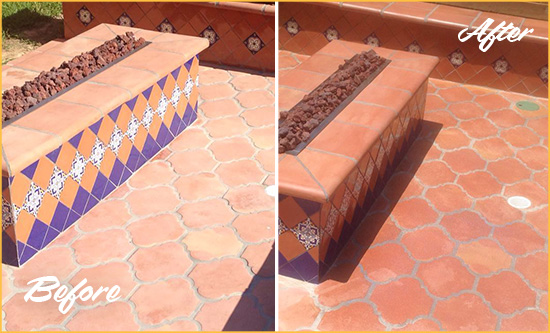 Before and After Picture of a Debary Hard Surface Restoration Service on a Dull Terracotta Patio Floor to Recover Its Color