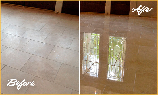 Before and After Picture of a Debary Hard Surface Restoration Service on a Dull Travertine Floor Polished to Recover Its Splendor