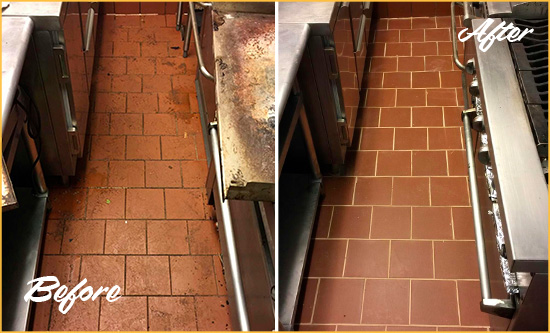 Before and After Picture of a Debary Hard Surface Restoration Service on a Restaurant Kitchen Floor to Eliminate Soil and Grease Build-Up