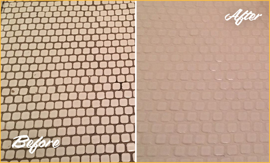 Before and After Picture of a Debary Hard Surface Restoration Service on a Bathroom Tile Floor Recolored to Fix Grout Color