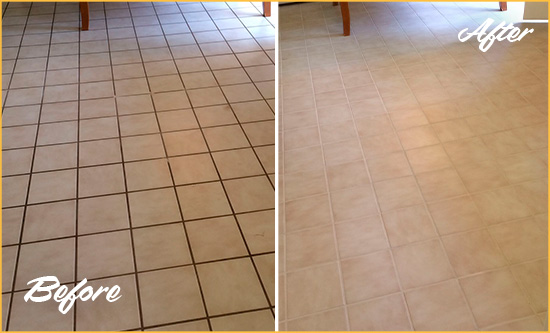 Before and After Picture of Cassadaga Ceramic Tile Grout Cleaned to Remove Dirt