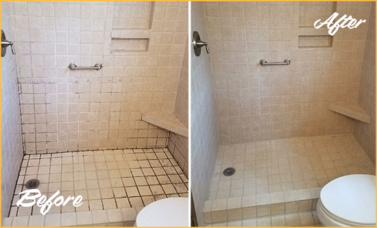 Before and After Picture of a Cassadaga Shower Grout Cleaned to Remove Mold