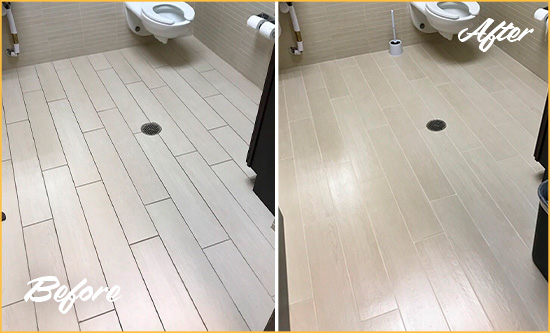 Before and After Picture of a Cassadaga Office Restroom's Grout Cleaned to Remove Dirt