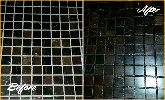 Before and After Picture of a Enterprise Black Floor with Recolored Grout