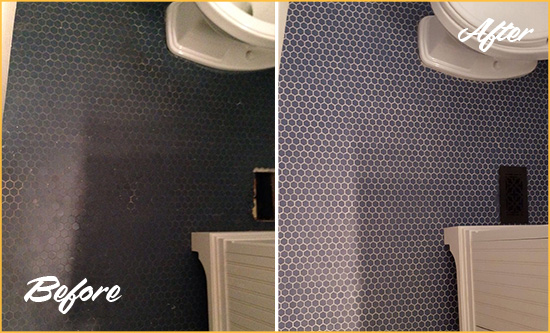 Before and After Picture of a Enterprise Blue Tile Floor Recolored Grout