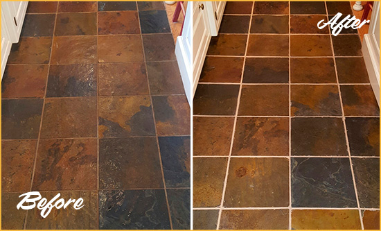 Before and After Picture of a Enterprise Slate Floor Recolored Grout