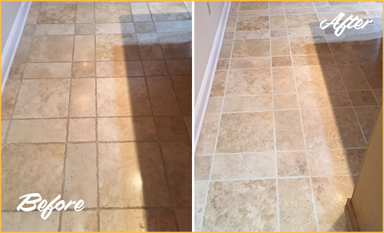 Before and After Picture of a Enterprise Travertine Kitchen Floor Recolored Grout