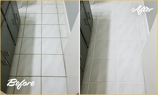 Before and After Picture of a Enterprise White Ceramic Tile with Recolored Grout