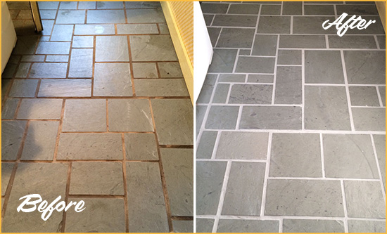 Before and After Picture of Damaged South Daytona Slate Floor with Sealed Grout