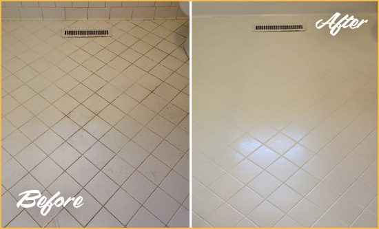Before and After Picture of a South Daytona White Bathroom Floor Grout Sealed for Extra Protection