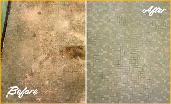 Before and After Picture of a Seville Mosaic Shower Cleaned to Eliminate Embedded Dirt