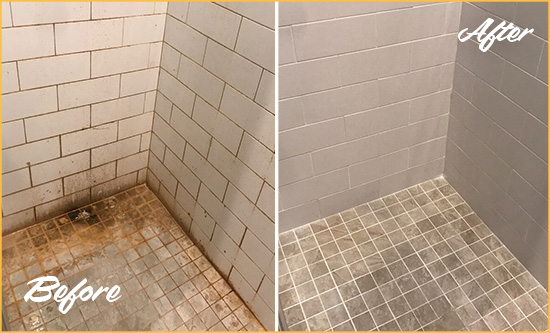 Before and After Picture of a Seville Ceramic Shower Cleaned to Eliminate Rust Stains