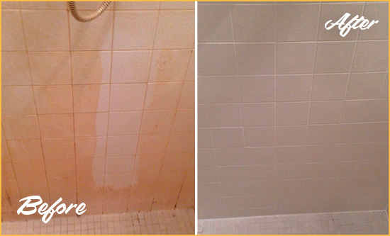 Before and After Picture of a Seville Porcelaine Shower Cleaned to Remove Soap Scum