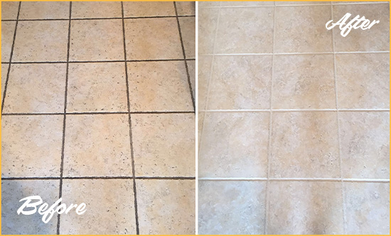 Before and After Picture of a Seville Ceramic Floor Cleaned to Remove Soil